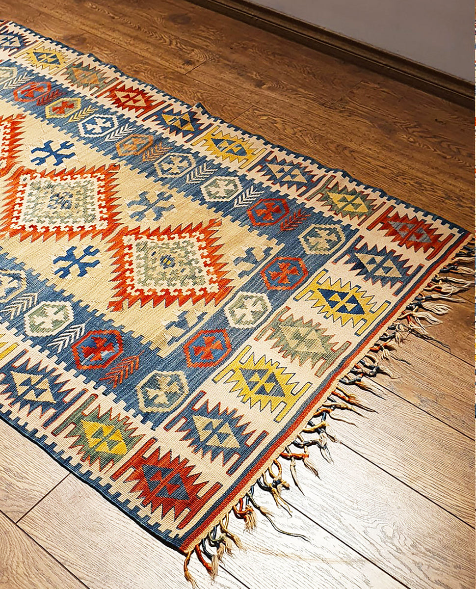 Vintage Turkish Rug Blue and Yellow 5.7' by 3.6'