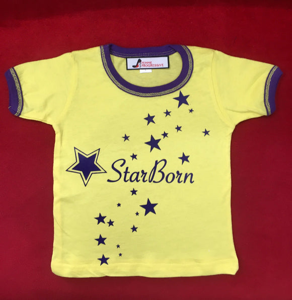Star Born , Children’s Wear , children , kids Fashion ,Graphic , Femme Progressive , T Shirt ,Yellow , and purple  , cotton , Organic