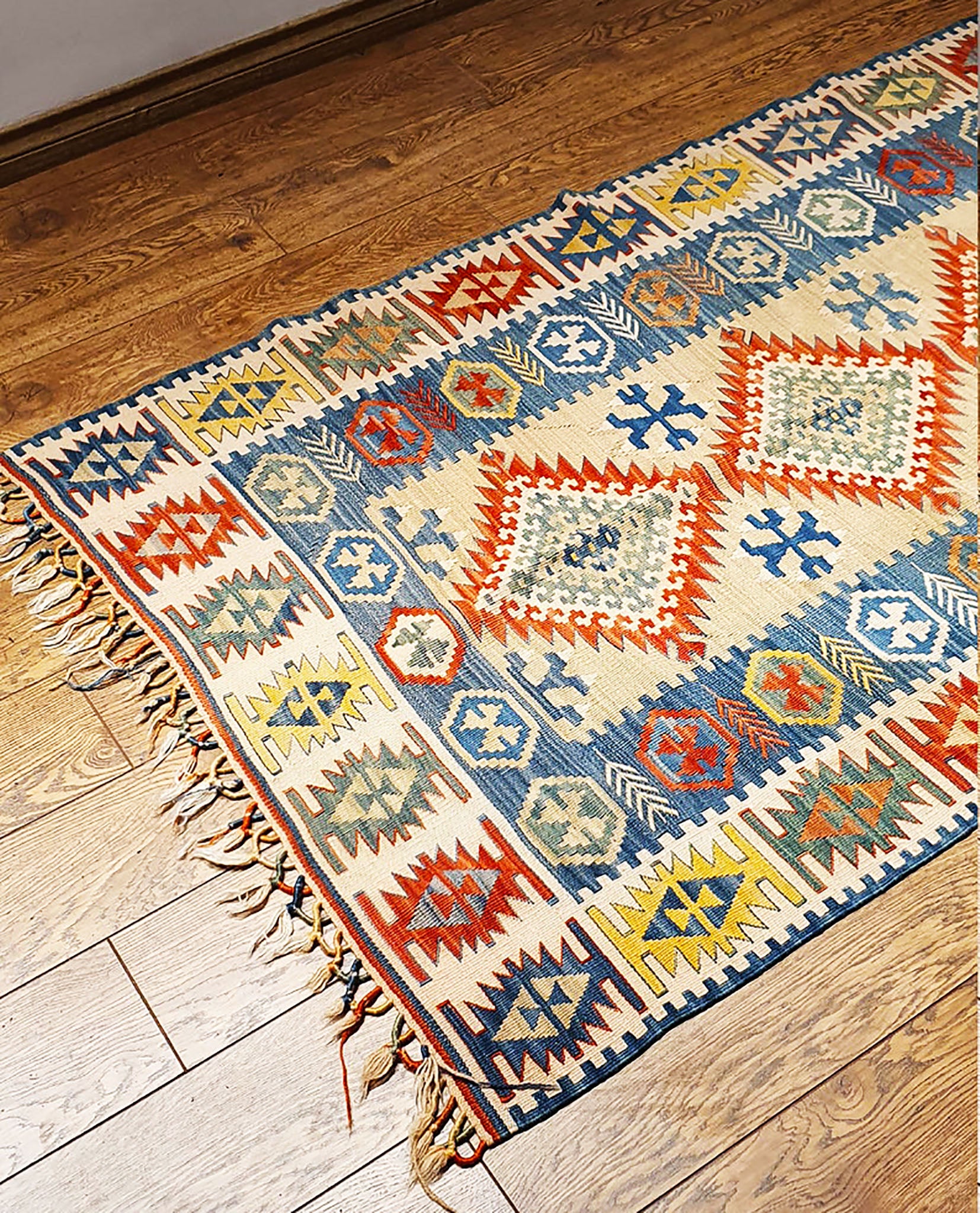 Vintage Turkish Rug Blue and Yellow 5.7' by 3.6' – Femme Progressive